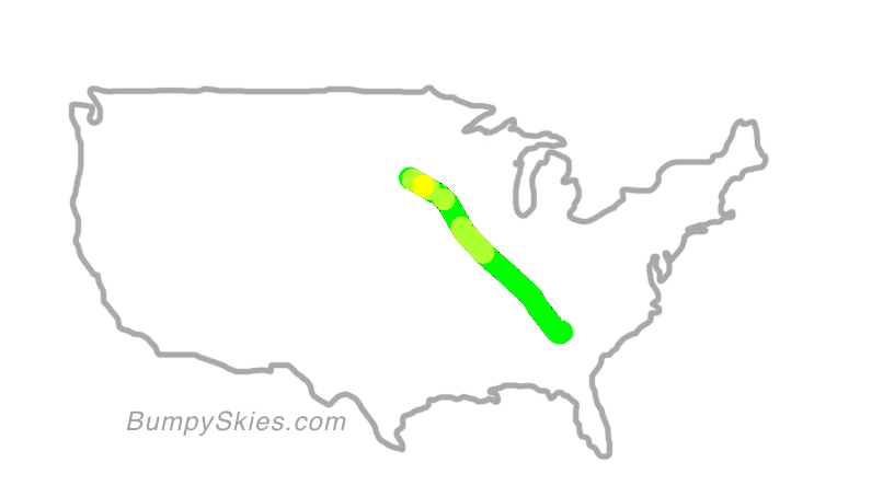 Map of continental US with illustrated flight path and turbulence forecast (described in text below)