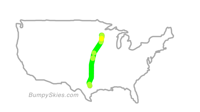 Map of continental US with illustrated flight path and turbulence forecast (described in text below)
