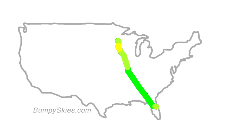 Map of continental US with illustrated flight path and turbulence forecast (described in text below)