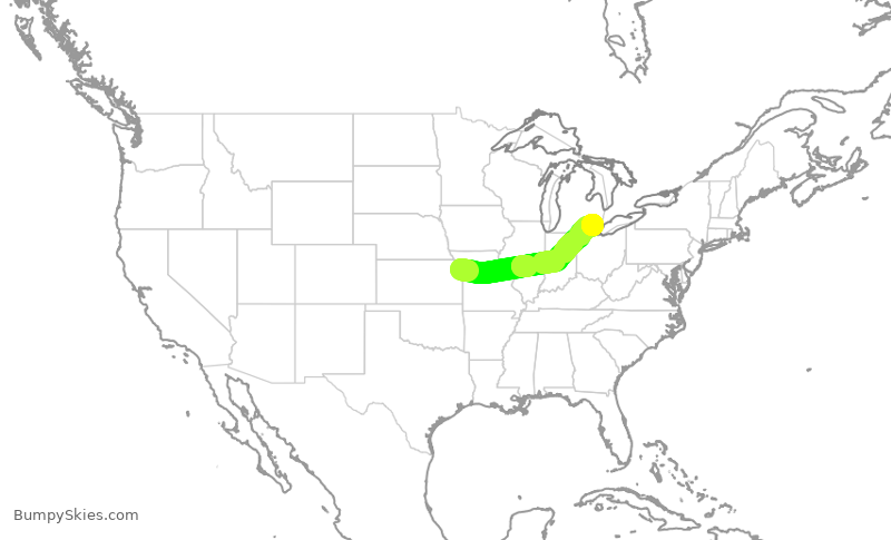 Turbulence forecast map for DAL1256, MCI to DTW