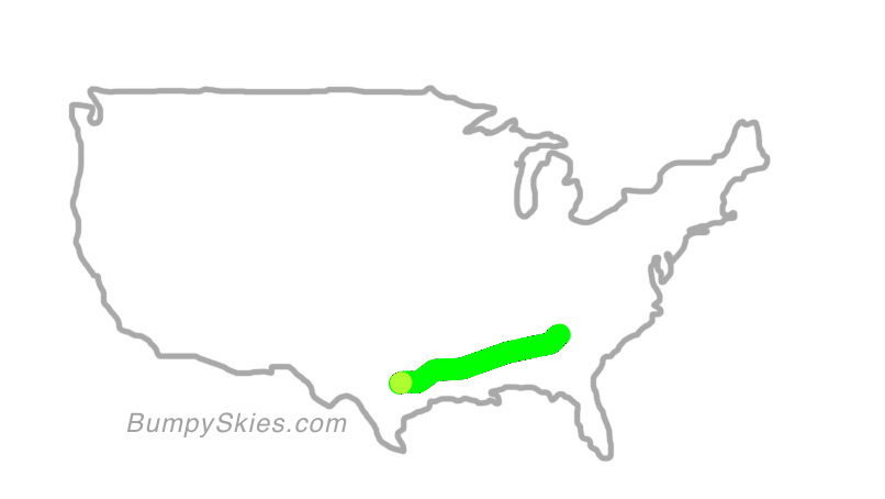 Map of continental US with illustrated flight path and turbulence forecast (described in text below)