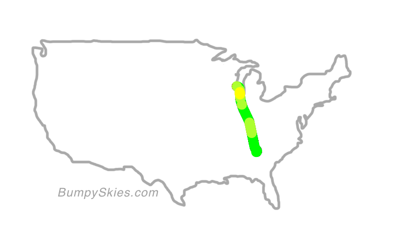 Map of continental US with illustrated flight path and turbulence forecast (described in text below)