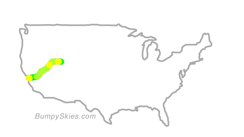 Map of continental US with illustrated flight path and turbulence forecast (described in text below)