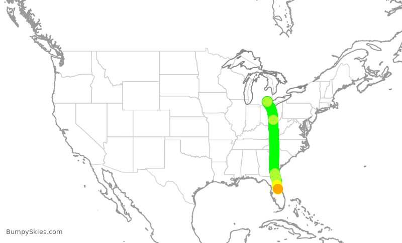 Turbulence forecast map for DAL1274, MCO to DTW