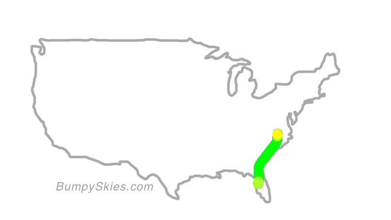Map of continental US with illustrated flight path and turbulence forecast (described in text below)