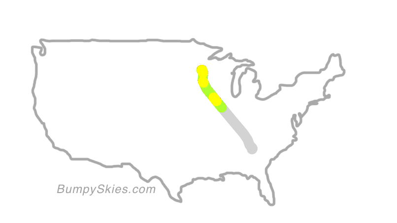 Map of continental US with illustrated flight path and turbulence forecast (described in text below)