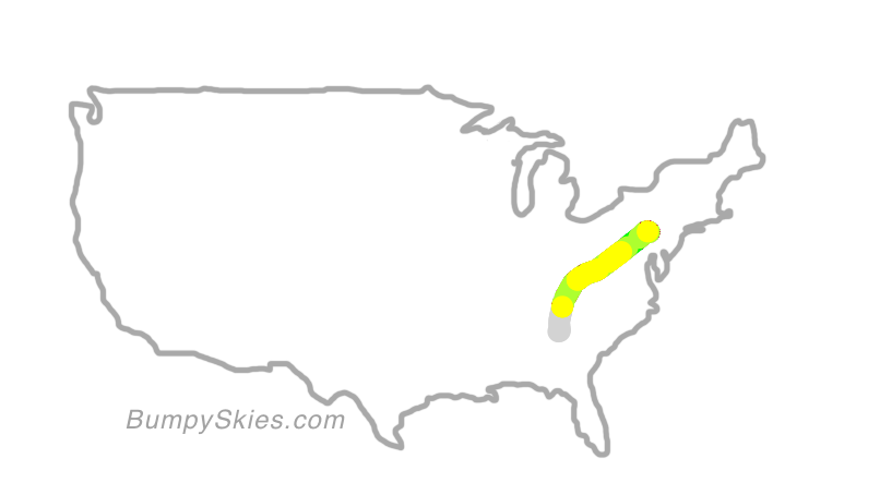 Map of continental US with illustrated flight path and turbulence forecast (described in text below)