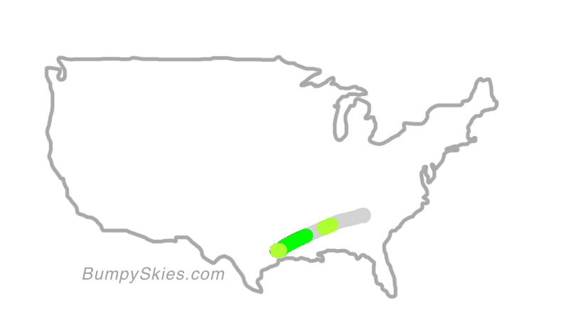 Map of continental US with illustrated flight path and turbulence forecast (described in text below)