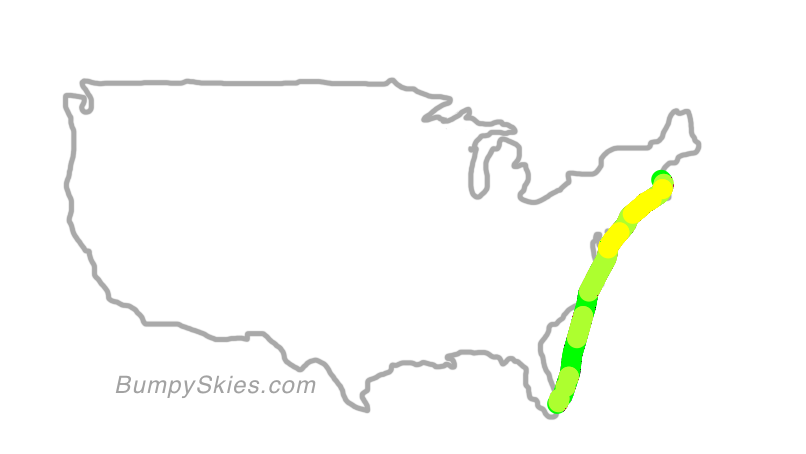 Map of continental US with illustrated flight path and turbulence forecast (described in text below)