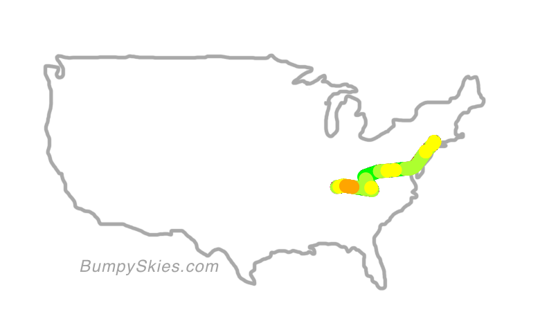 Map of continental US with illustrated flight path and turbulence forecast (described in text below)