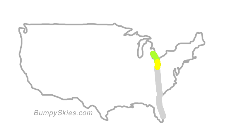 Map of continental US with illustrated flight path and turbulence forecast (described in text below)