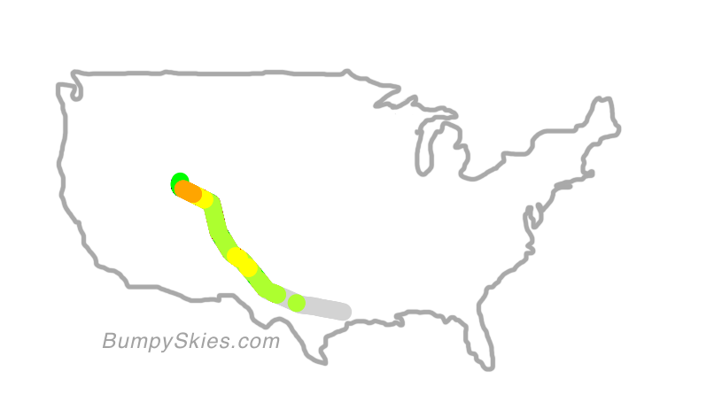 Map of continental US with illustrated flight path and turbulence forecast (described in text below)