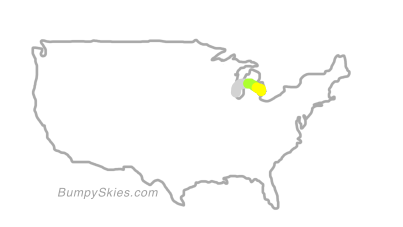 Map of continental US with illustrated flight path and turbulence forecast (described in text below)