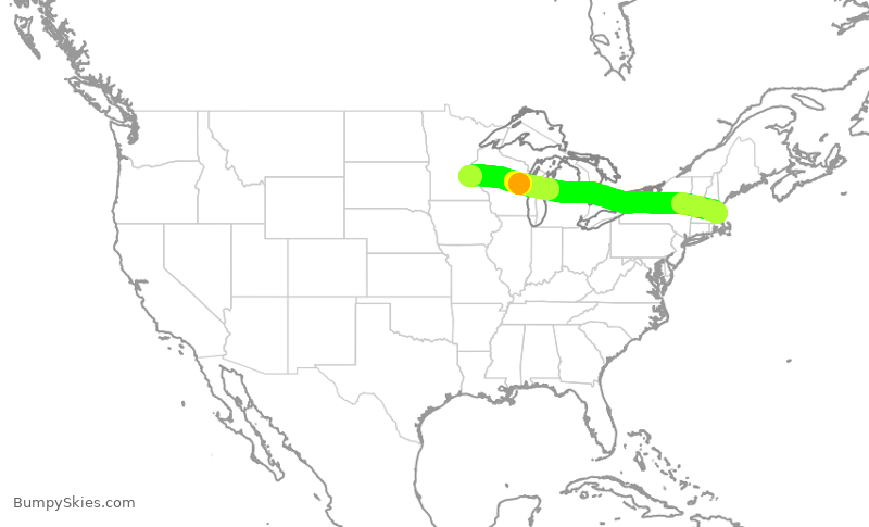 Turbulence forecast map for DAL1308, BOS to MSP