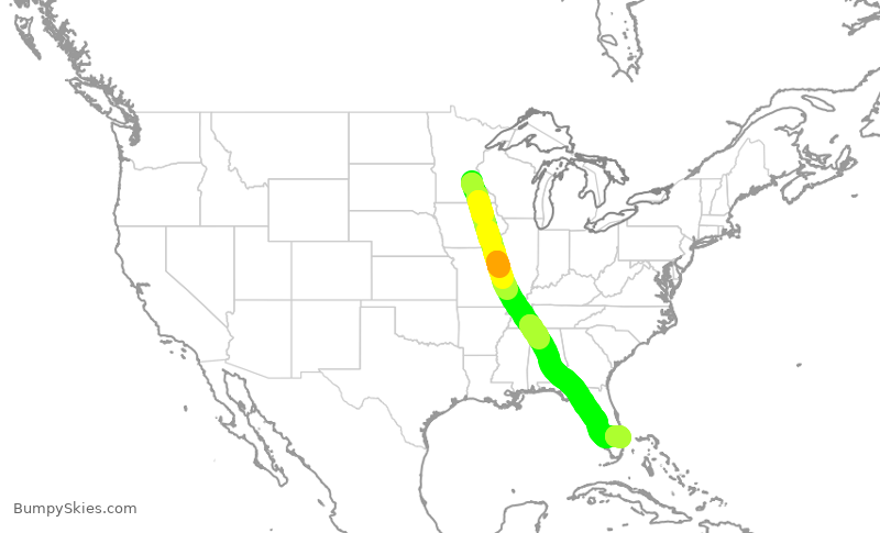 Turbulence forecast map for DAL1308, MSP to PBI