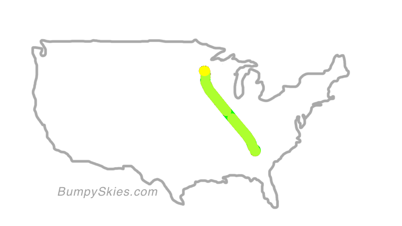 Map of continental US with illustrated flight path and turbulence forecast (described in text below)