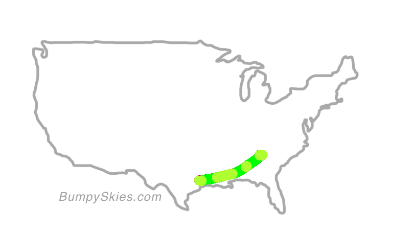 Map of continental US with illustrated flight path and turbulence forecast (described in text below)