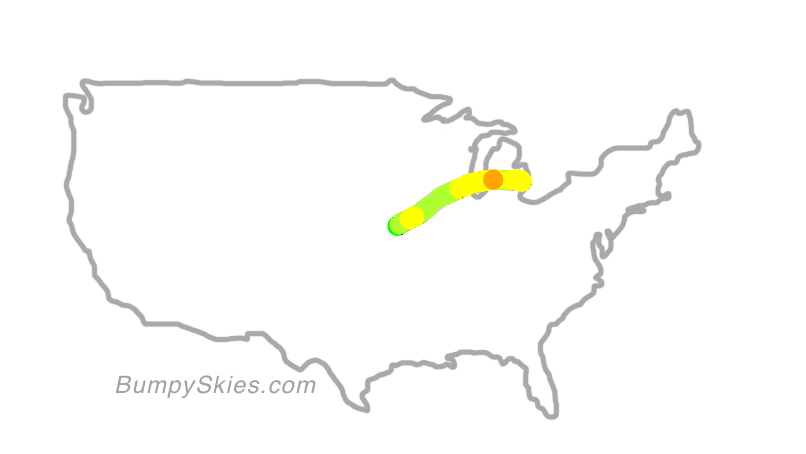 Map of continental US with illustrated flight path and turbulence forecast (described in text below)