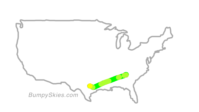 Map of continental US with illustrated flight path and turbulence forecast (described in text below)