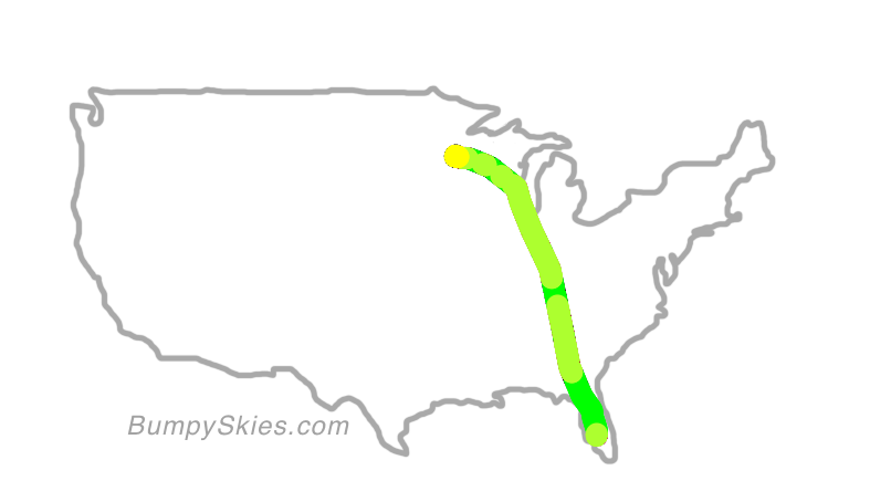 Map of continental US with illustrated flight path and turbulence forecast (described in text below)