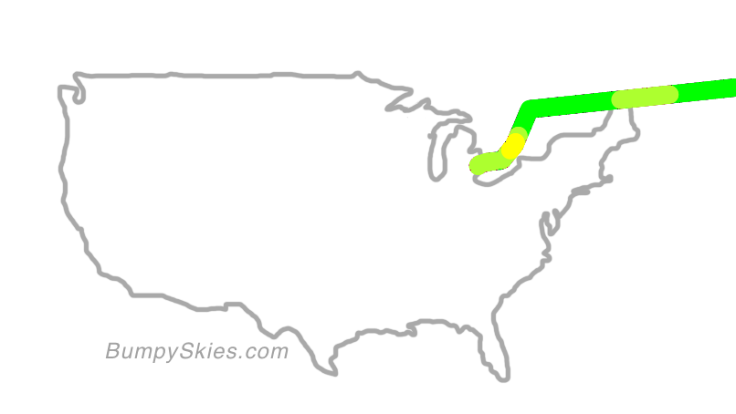 Map of continental US with illustrated flight path and turbulence forecast (described in text below)
