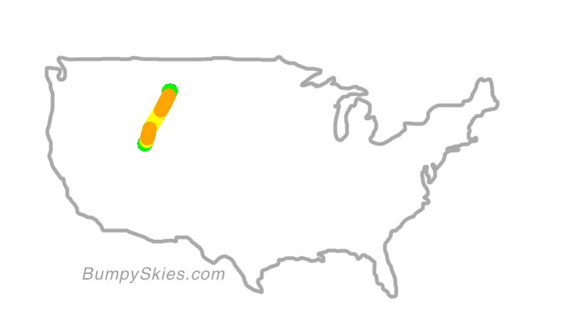 Map of continental US with illustrated flight path and turbulence forecast (described in text below)