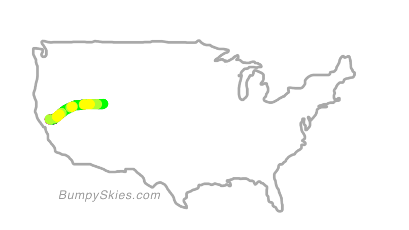 Map of continental US with illustrated flight path and turbulence forecast (described in text below)