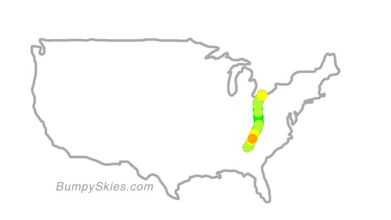 Map of continental US with illustrated flight path and turbulence forecast (described in text below)