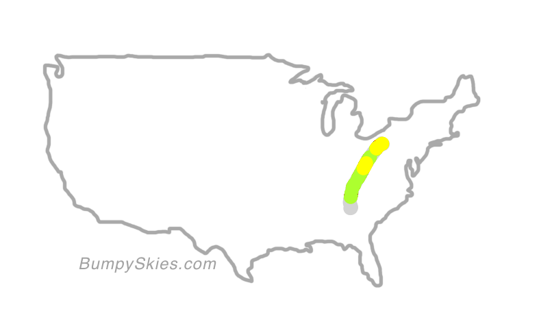 Map of continental US with illustrated flight path and turbulence forecast (described in text below)