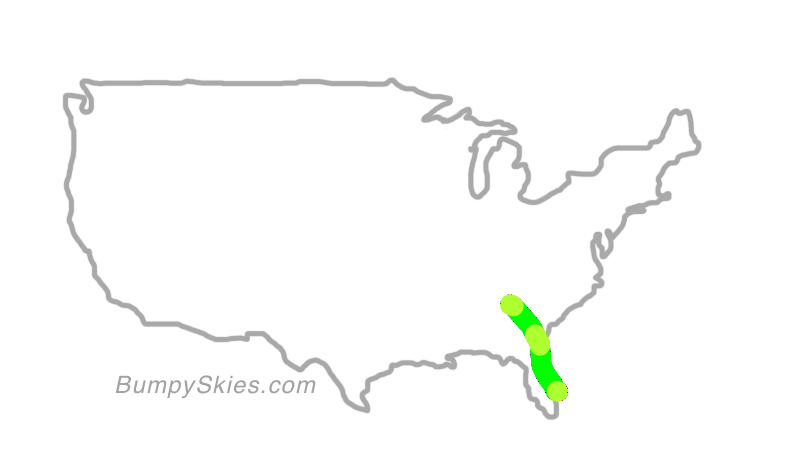 Map of continental US with illustrated flight path and turbulence forecast (described in text below)