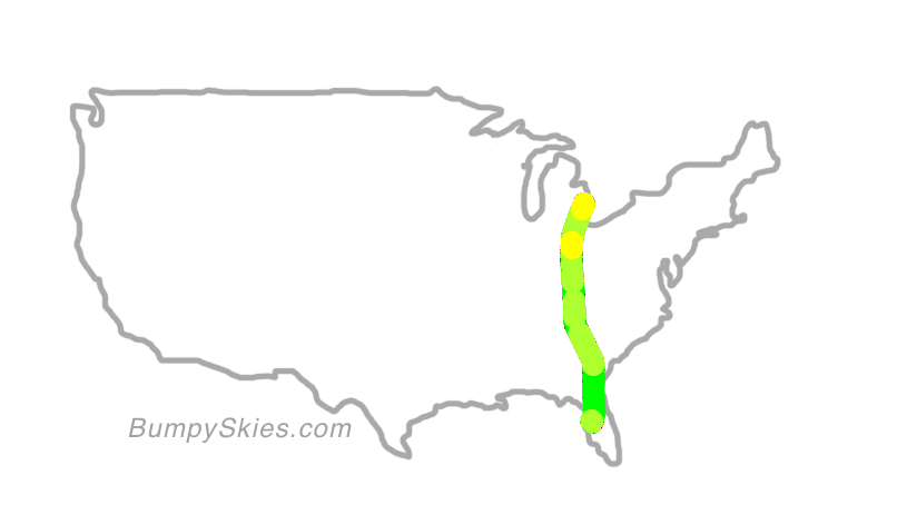 Map of continental US with illustrated flight path and turbulence forecast (described in text below)