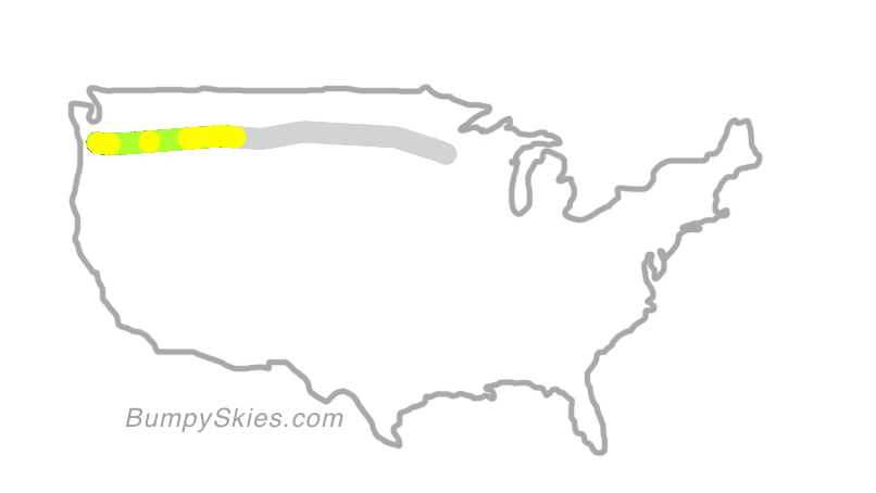 Map of continental US with illustrated flight path and turbulence forecast (described in text below)