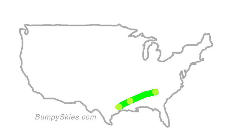 Map of continental US with illustrated flight path and turbulence forecast (described in text below)