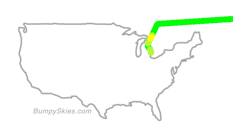 Map of continental US with illustrated flight path and turbulence forecast (described in text below)