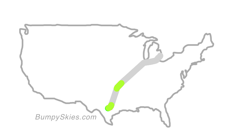 Map of continental US with illustrated flight path and turbulence forecast (described in text below)