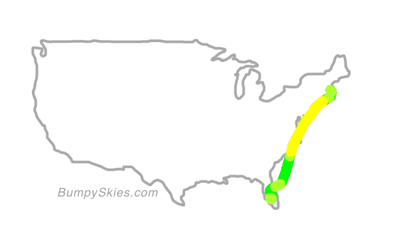 Map of continental US with illustrated flight path and turbulence forecast (described in text below)