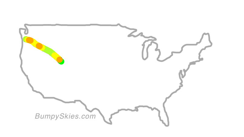 Map of continental US with illustrated flight path and turbulence forecast (described in text below)