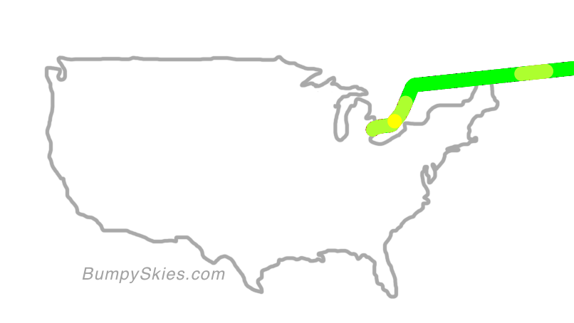 Map of continental US with illustrated flight path and turbulence forecast (described in text below)