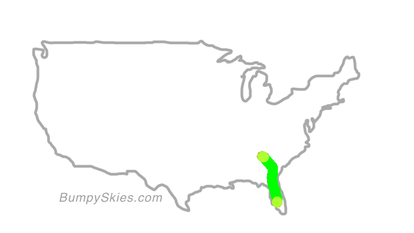 Map of continental US with illustrated flight path and turbulence forecast (described in text below)