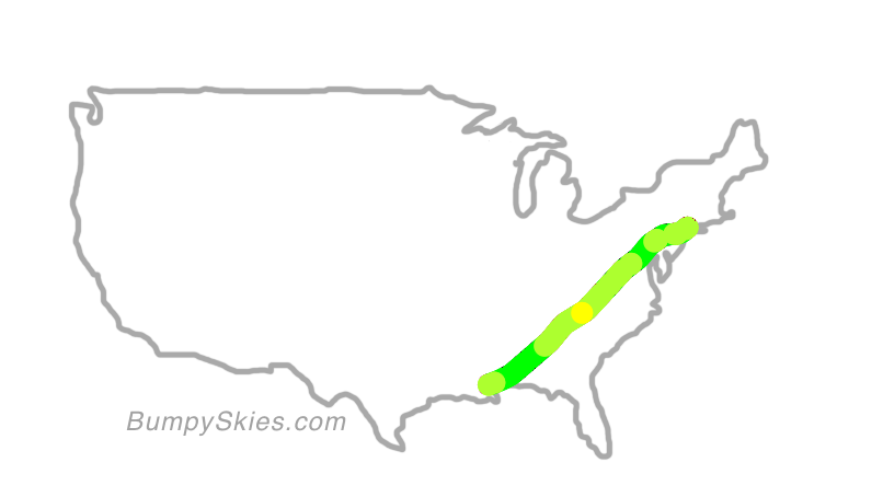 Map of continental US with illustrated flight path and turbulence forecast (described in text below)