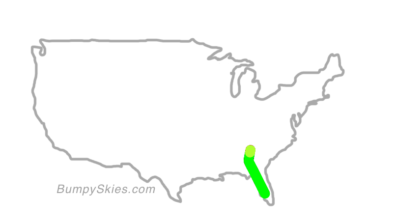 Map of continental US with illustrated flight path and turbulence forecast (described in text below)