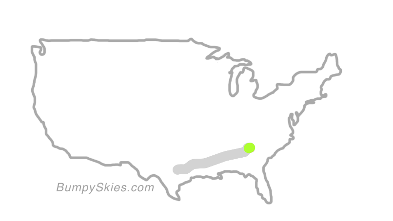 Map of continental US with illustrated flight path and turbulence forecast (described in text below)