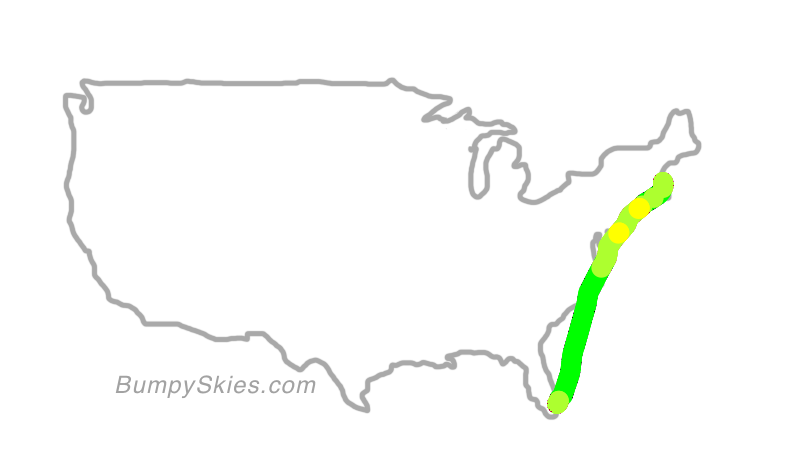 Map of continental US with illustrated flight path and turbulence forecast (described in text below)
