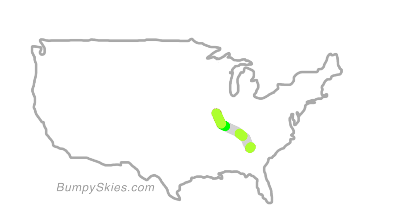 Map of continental US with illustrated flight path and turbulence forecast (described in text below)