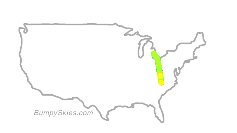 Map of continental US with illustrated flight path and turbulence forecast (described in text below)