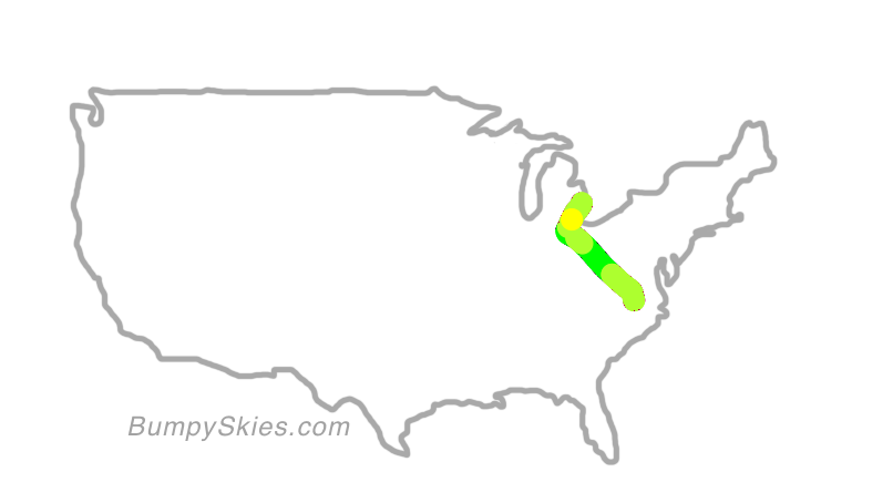 Map of continental US with illustrated flight path and turbulence forecast (described in text below)