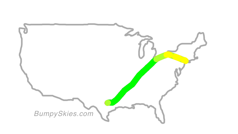 Map of continental US with illustrated flight path and turbulence forecast (described in text below)