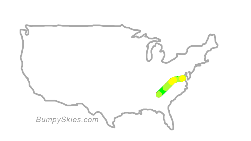 Map of continental US with illustrated flight path and turbulence forecast (described in text below)