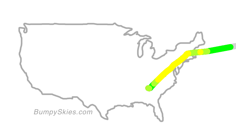 Map of continental US with illustrated flight path and turbulence forecast (described in text below)