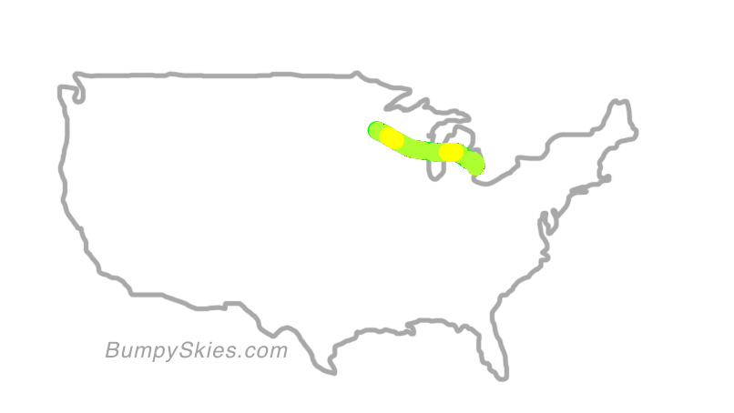 Map of continental US with illustrated flight path and turbulence forecast (described in text below)